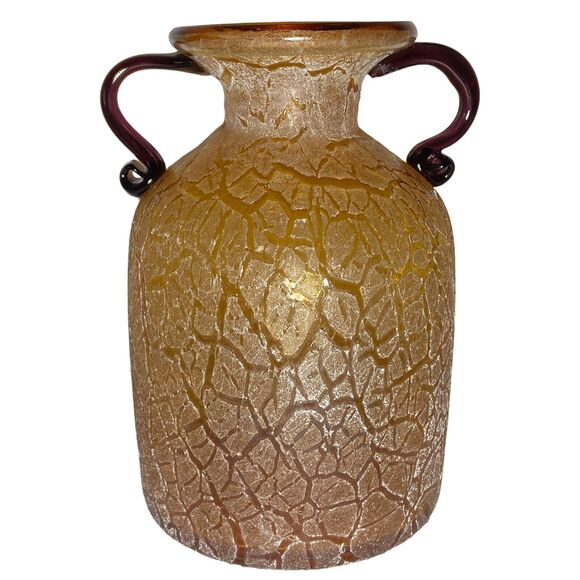 Vintage Hand Blown Art Glass Handled Vase Frosted Crackle Textured Brown Rare